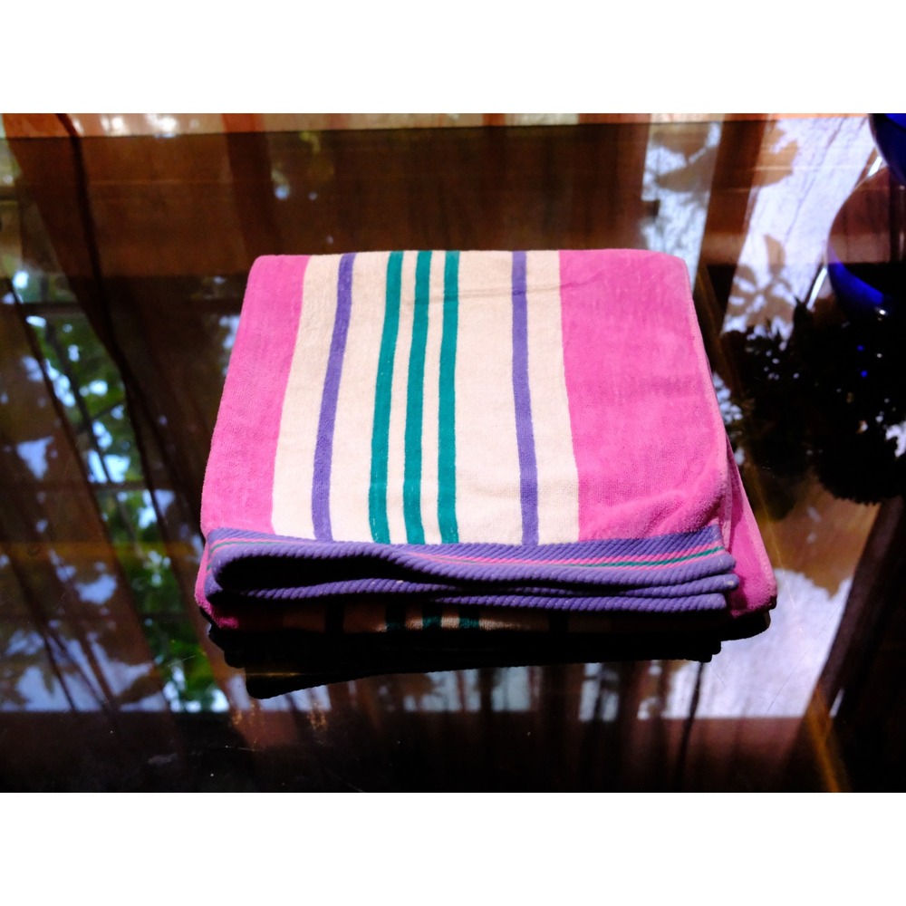 Tropical Escape Beach Towel Pink Purple Teal Striped Cotton Blend 56x28 Vintage